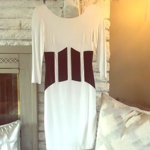 bebe white bodycon dress. Black waist detail.